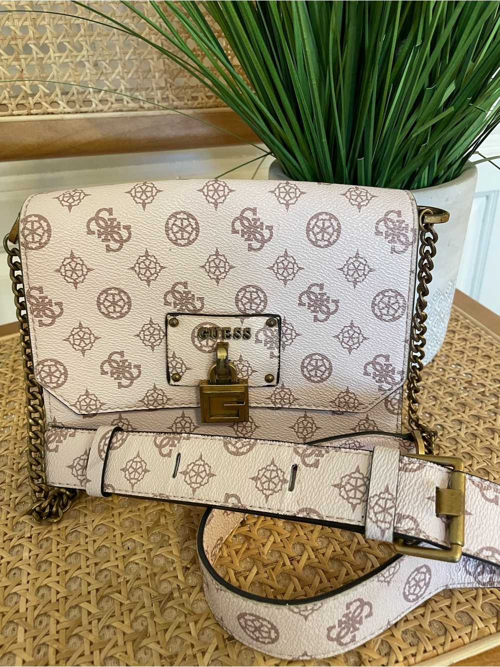 GUESS Centre Stage Crossbody Flap Bag with Chain Strap, Soft Pink